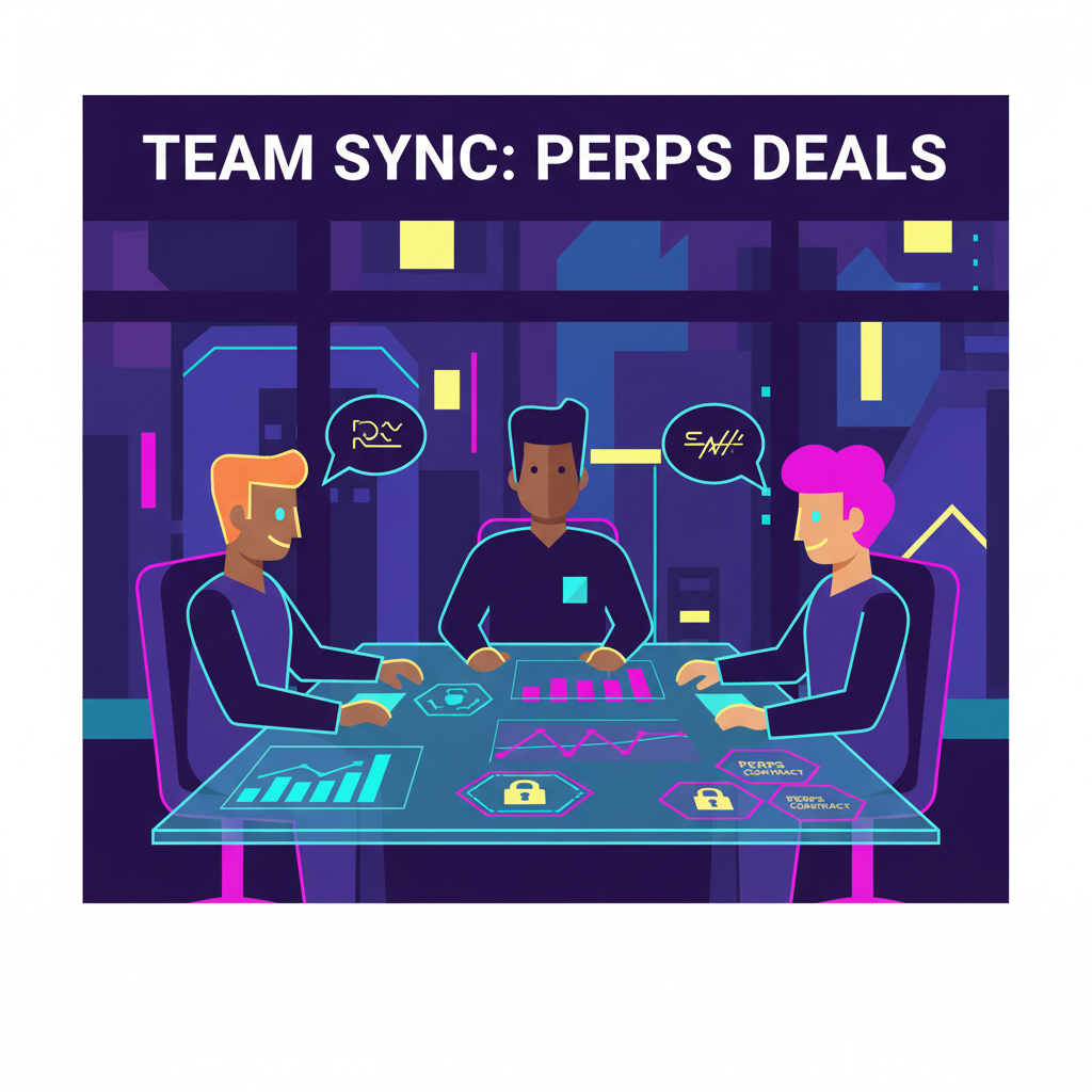 team collaboration virtual meeting with charts and perps contracts, cyberpunk style