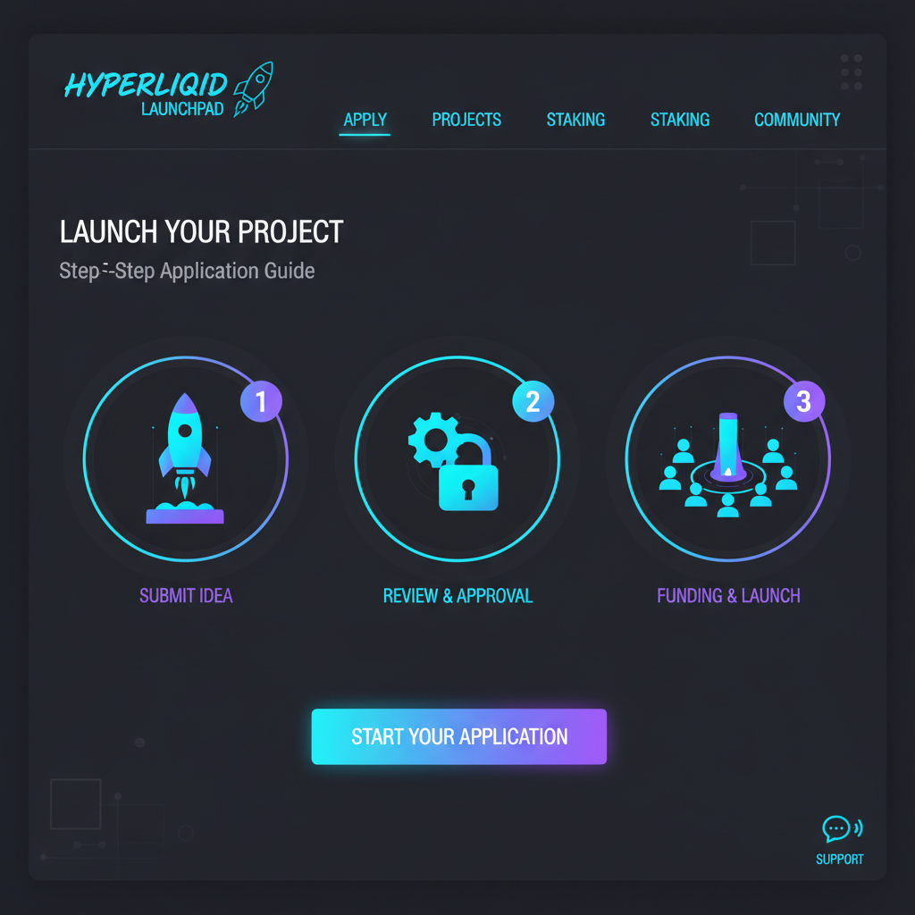sleek website interface for applying to crypto launchpad, futuristic UI, Hyperliquid branding, neon blues and purples