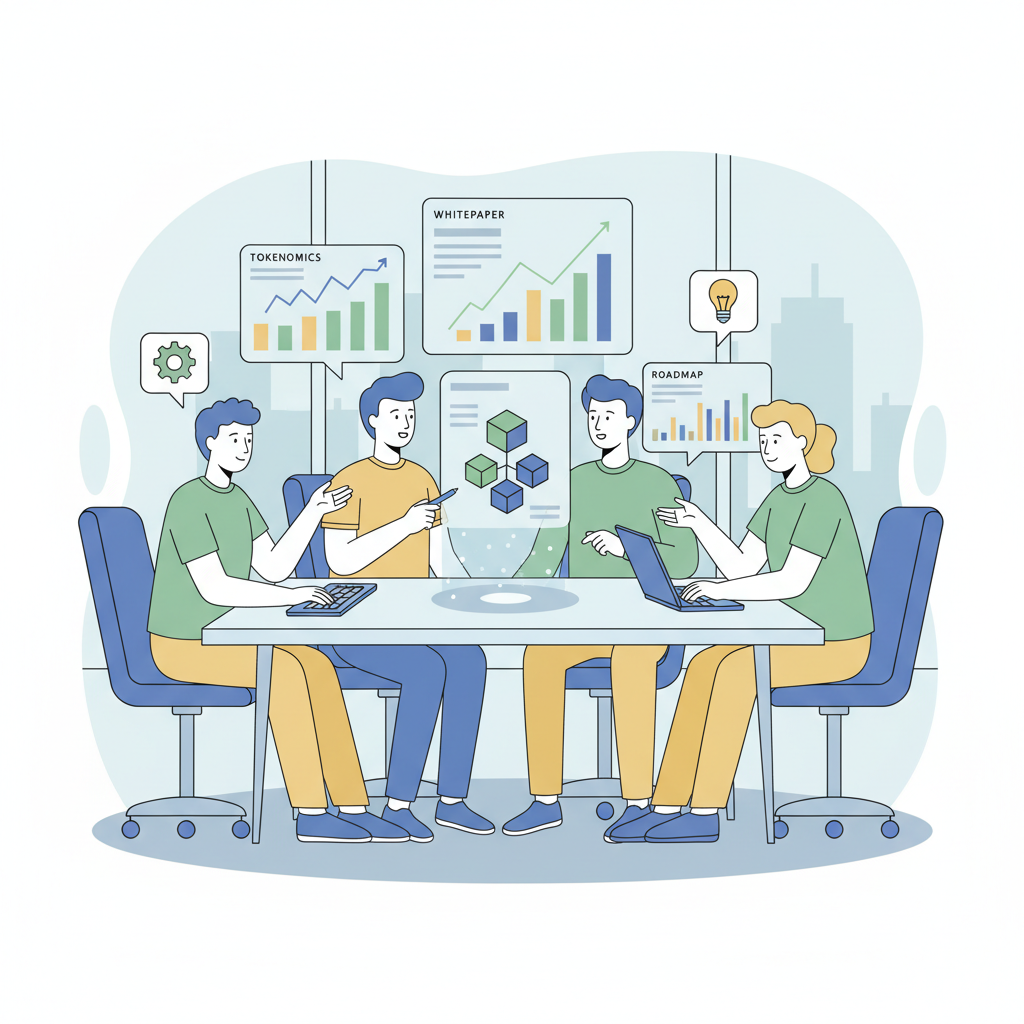 team reviewing crypto project proposal on screens, collaborative meeting, charts and graphs, professional vibe