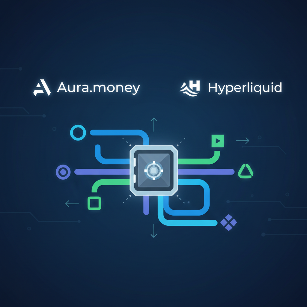 liquidity pool visualization, glowing tokens flowing into a vault, Aura.money and Hyperliquid logos, abstract crypto art