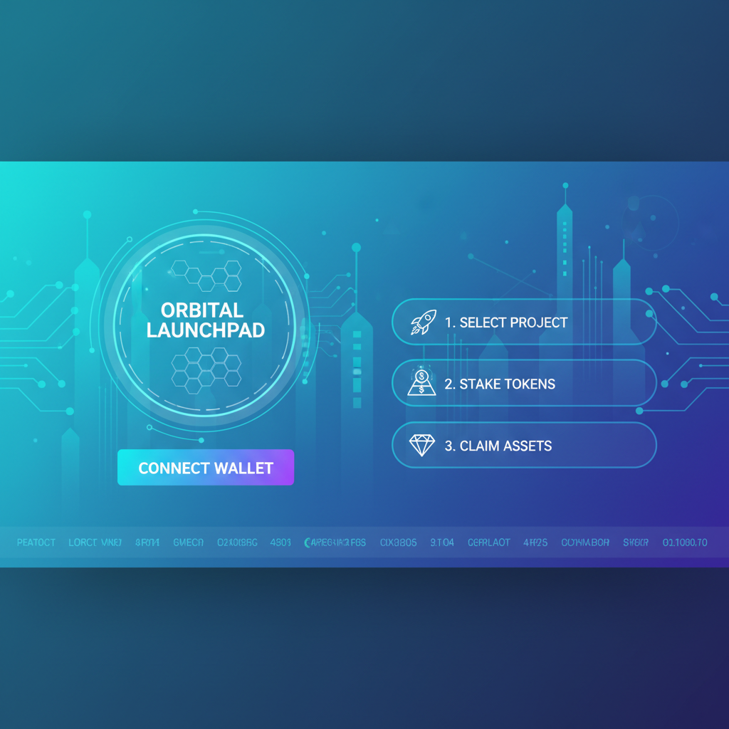 futuristic crypto launchpad homepage with connect wallet button, neon blues and greens, sci-fi UI