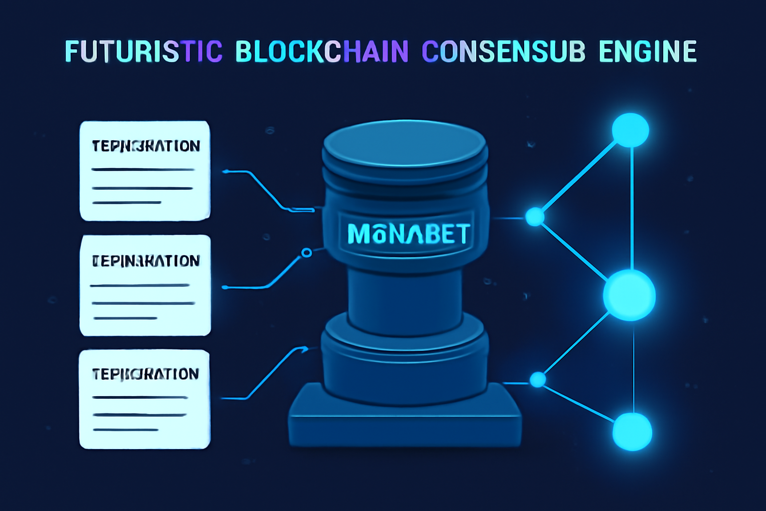futuristic blockchain consensus engine with MonadBFT, transactions lining up in order, glowing blue nodes connecting, high-tech diagram style
