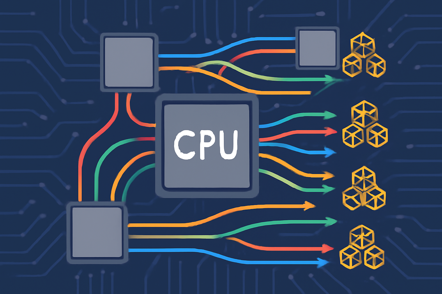 multi-core CPU executing blockchain transactions in parallel, colorful threads racing across processor chips, vibrant tech visualization