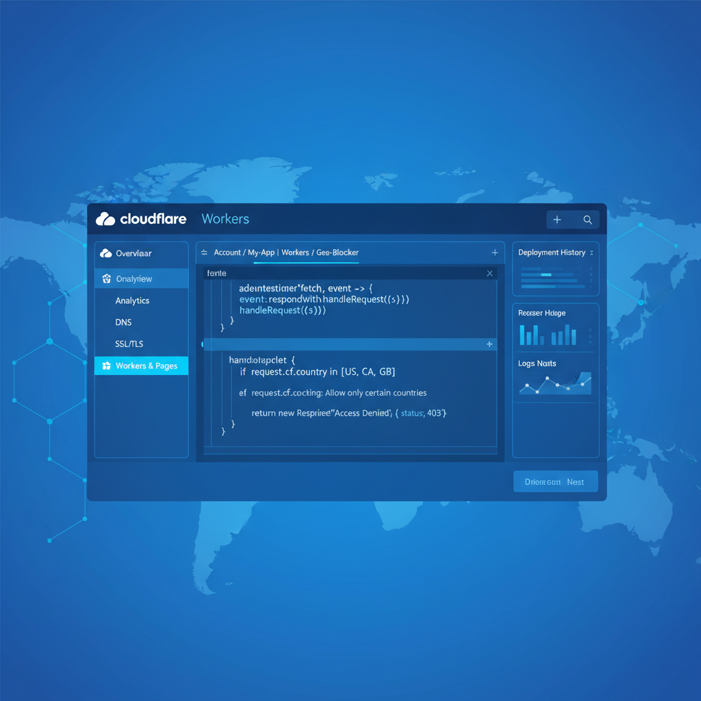 Cloudflare dashboard with Workers script editing geo-blocking rules, futuristic blue tones, tech interface