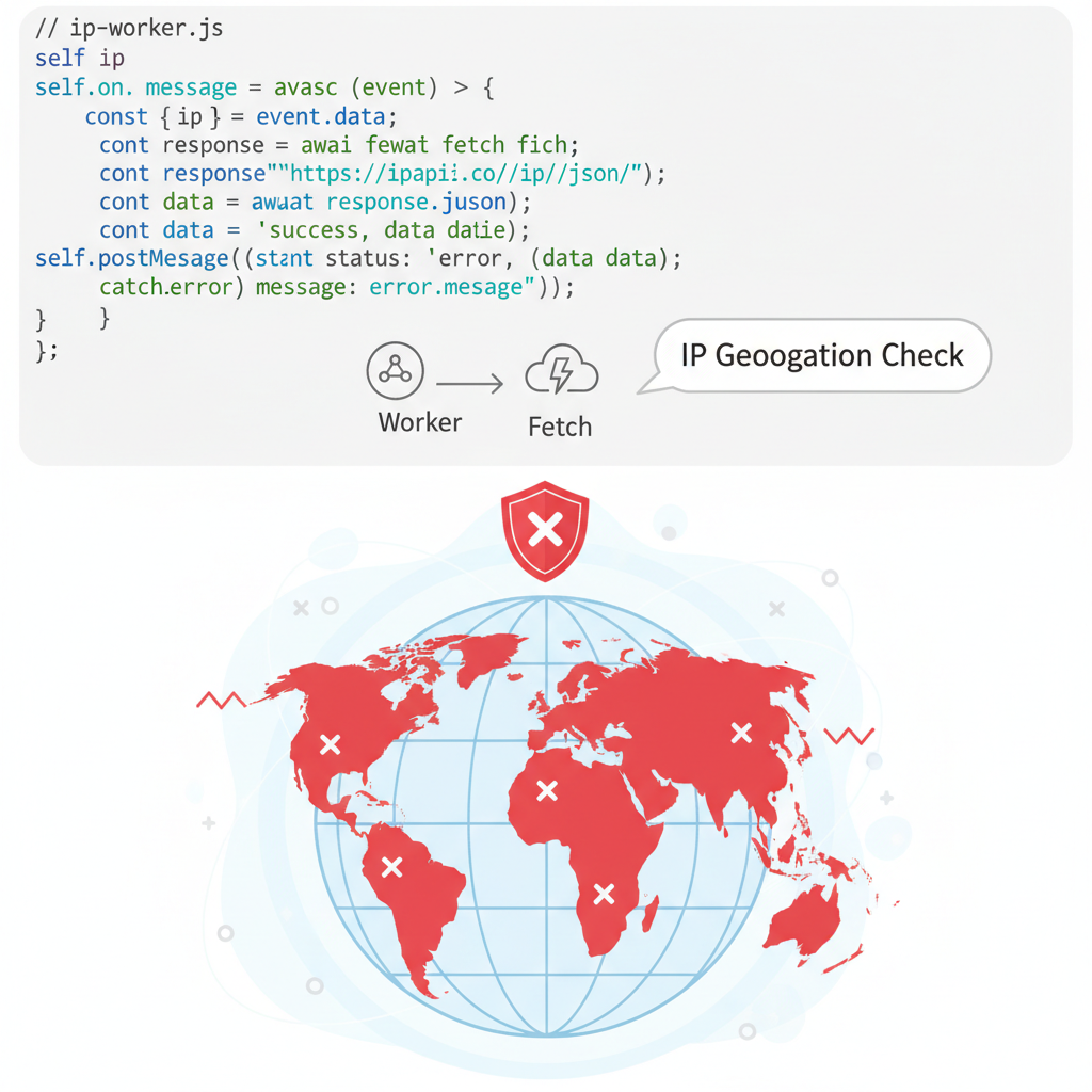 Code snippet showing IP geolocation check in JavaScript Worker, network globe with blocked regions highlighted red