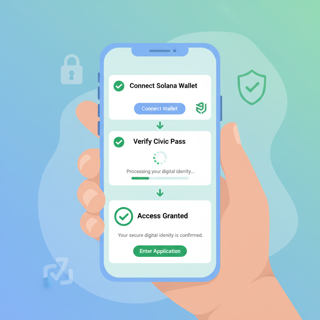Civic Pass verification flow on mobile, Solana wallet integration, green checkmarks, secure digital identity theme
