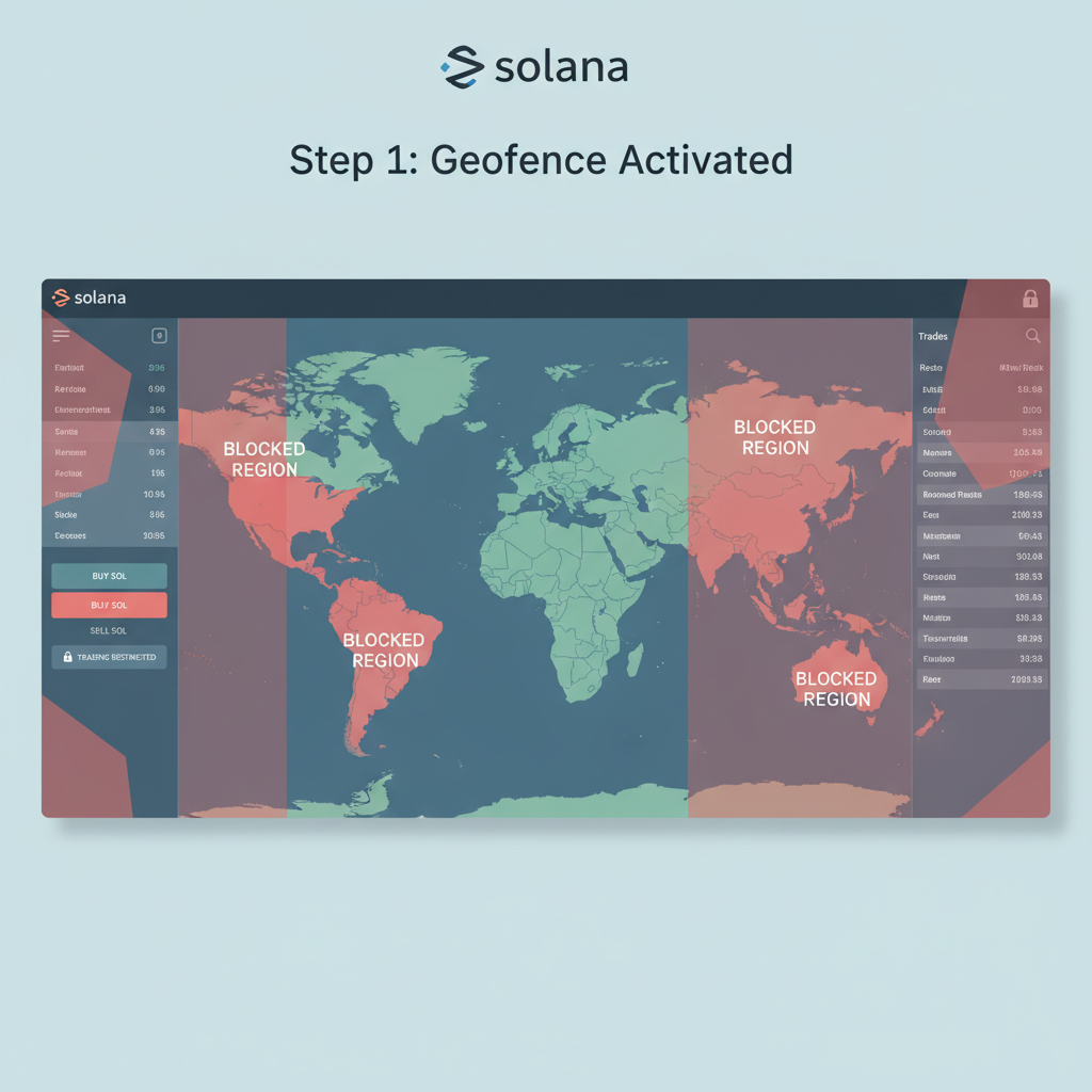 Solana DEX frontend with geofence overlay, map blocking regions, trading UI partially locked