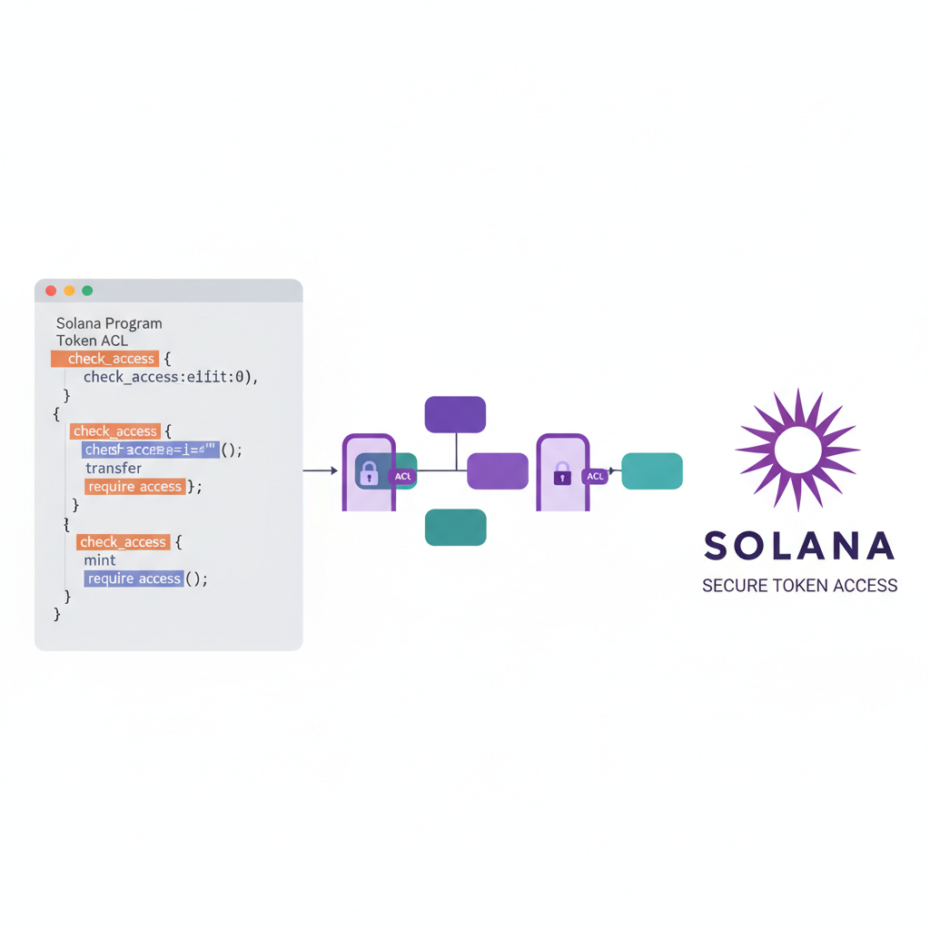 Solana Rust program code for Token ACL, blockchain nodes with access control gates, purple Solana branding