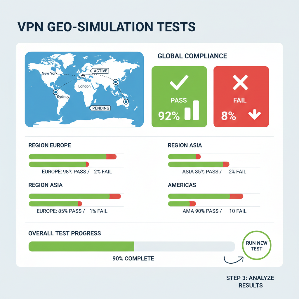 Testing dashboard with VPN geo-simulations, green pass/fail metrics, compliance charts