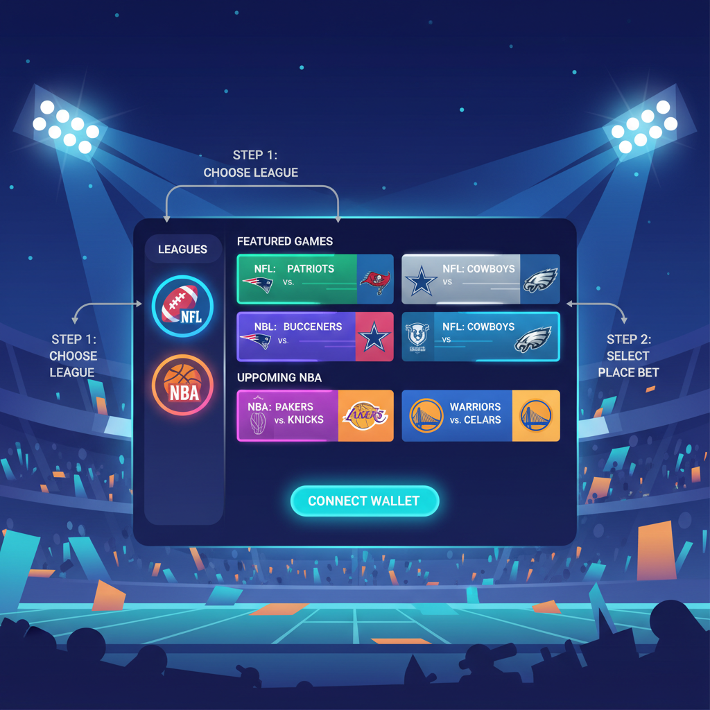 vibrant NFL NBA game selection interface on blockchain app, stadium lights, dynamic energy