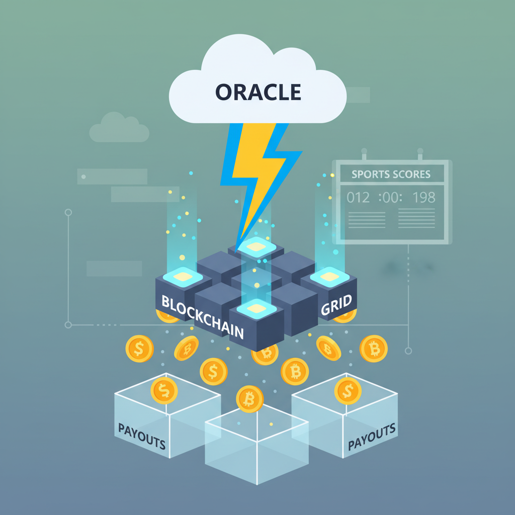 oracle lightning bolt triggering coin payouts from blockchain grid, sports scoreboard background