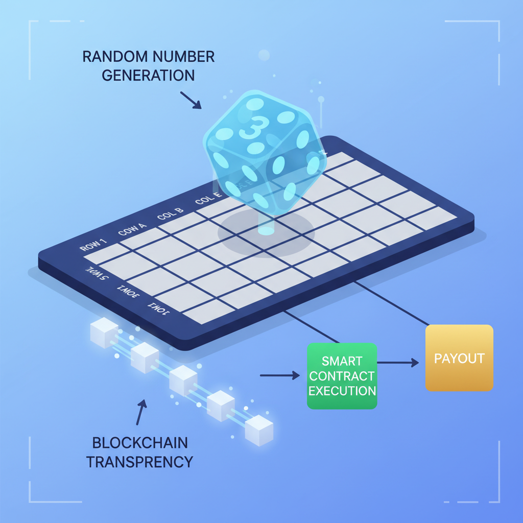 random number dice rolling onto betting grid rows columns, blockchain transparency animation