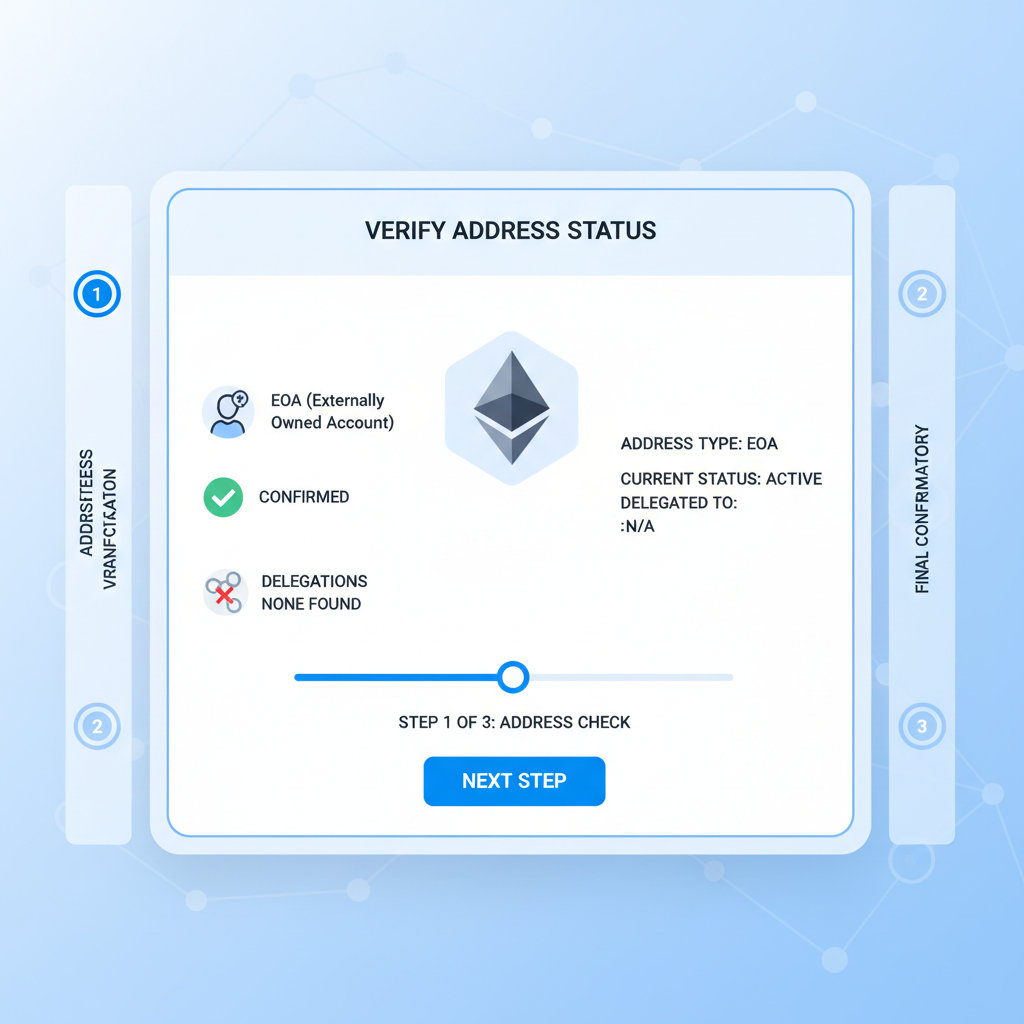 Ethereum wallet address verification interface on a clean dashboard showing EOA status and no delegations, professional UI, blue tones