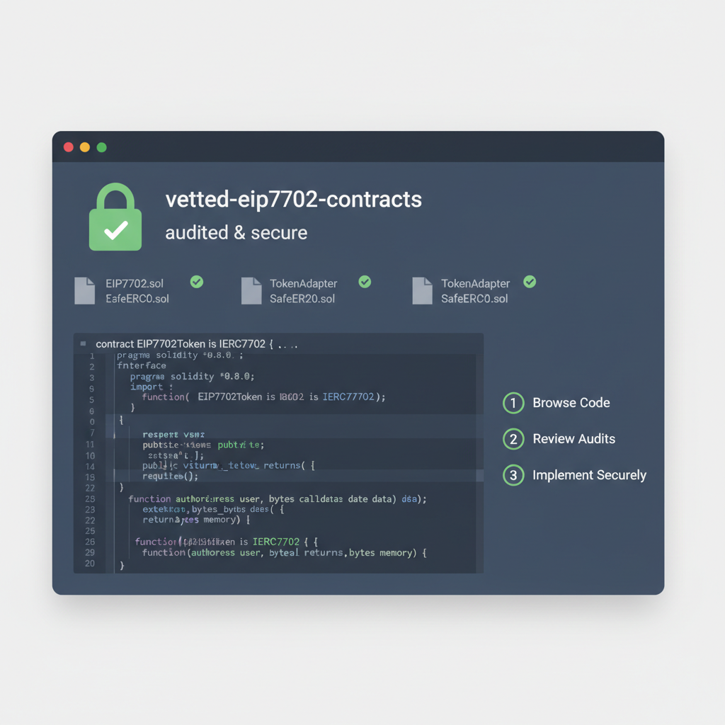 GitHub repository page highlighting vetted EIP-7702 smart contract code, code snippets visible, secure lock icon, dark mode