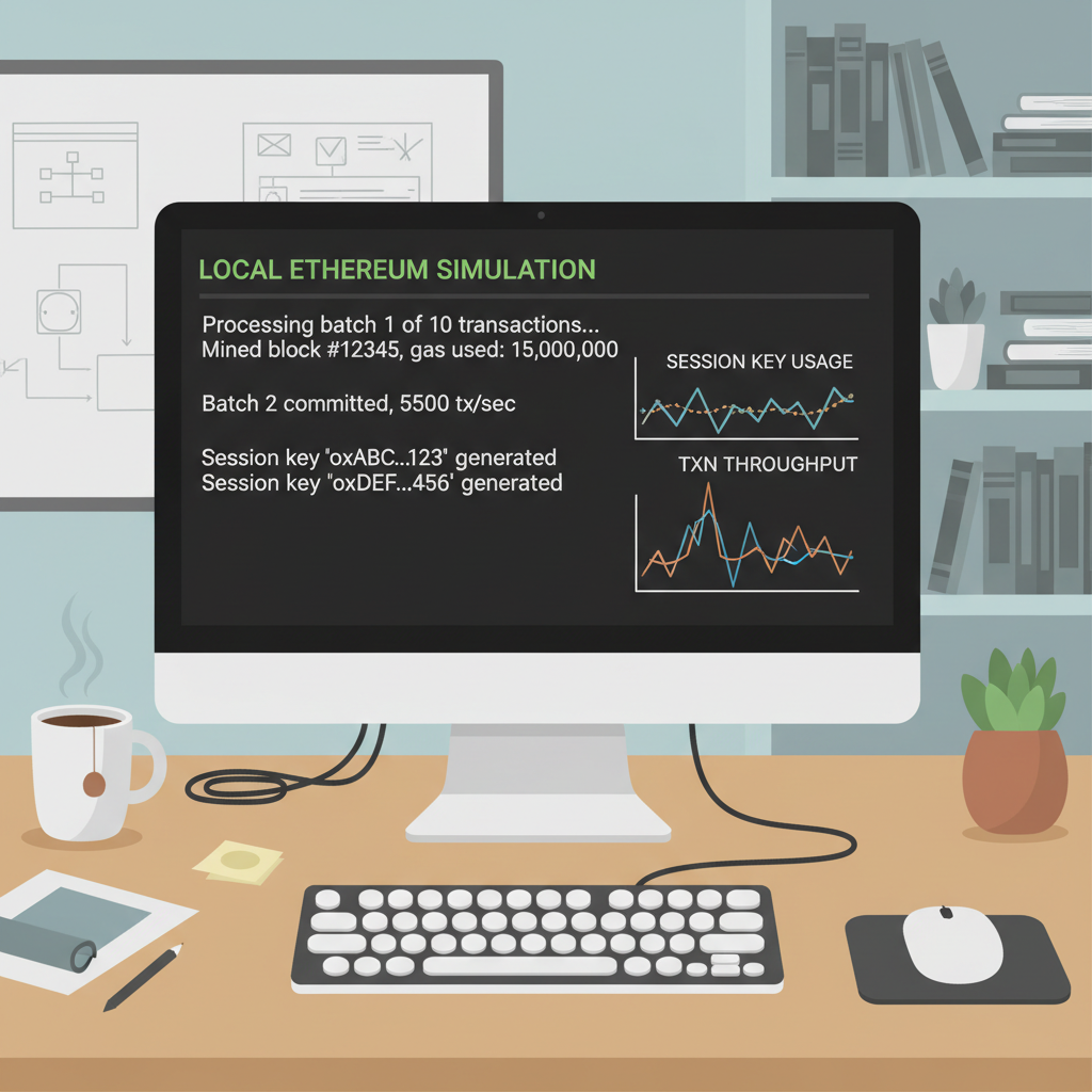 Developer terminal running local Ethereum simulation with transaction batching logs, graphs of session keys, tech workspace