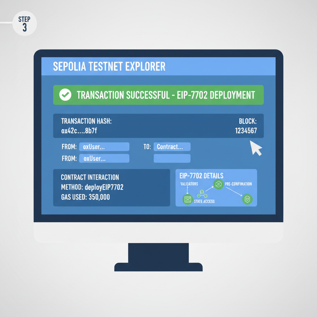 Testnet explorer interface showing successful EIP-7702 deployment on Sepolia, transaction details
