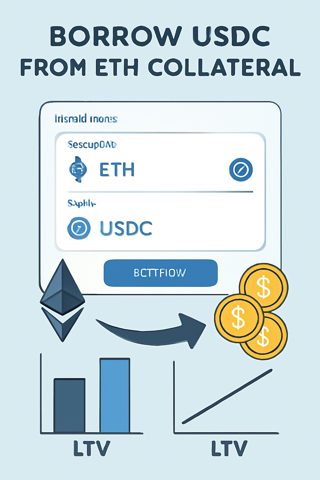 Borrowing USDC from ETH collateral in Morpho Blue interface, stablecoin flow, charts showing LTV