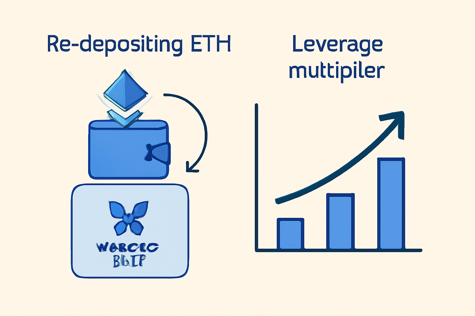 Re-depositing ETH into Morpho Blue supply vault, leverage multiplier visual, upward arrow graph