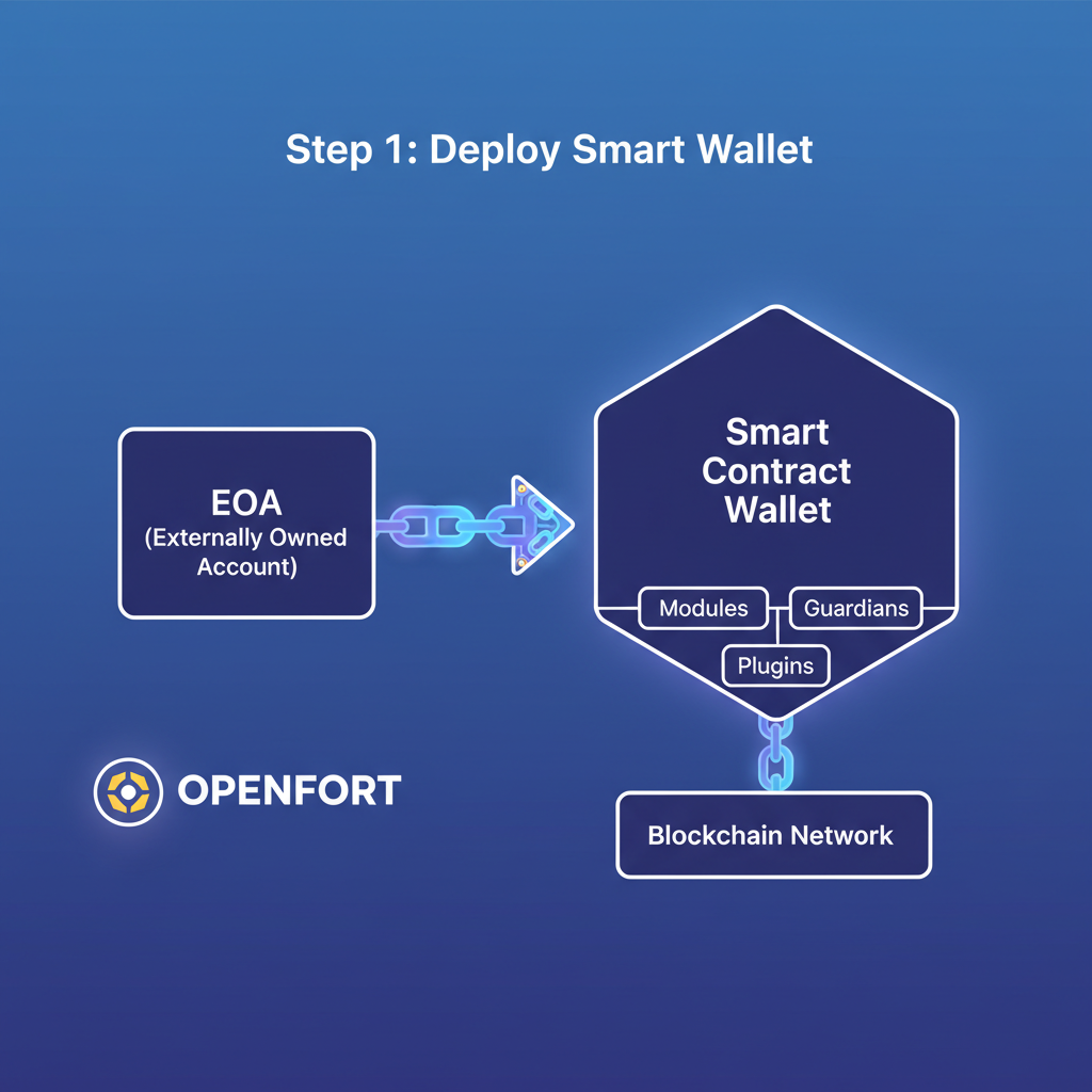 Ethereum smart wallet deployment diagram, EOA arrow to contract, Openfort logo, glowing chain links --ar 16:9