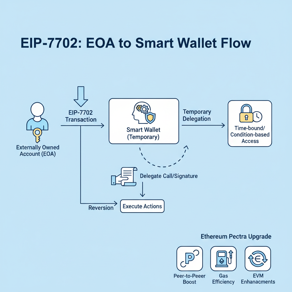 EIP-7702 flow chart, EOA transforming to smart wallet, temporary delegation arrow, Ethereum Pectra upgrade icons --ar 16:9
