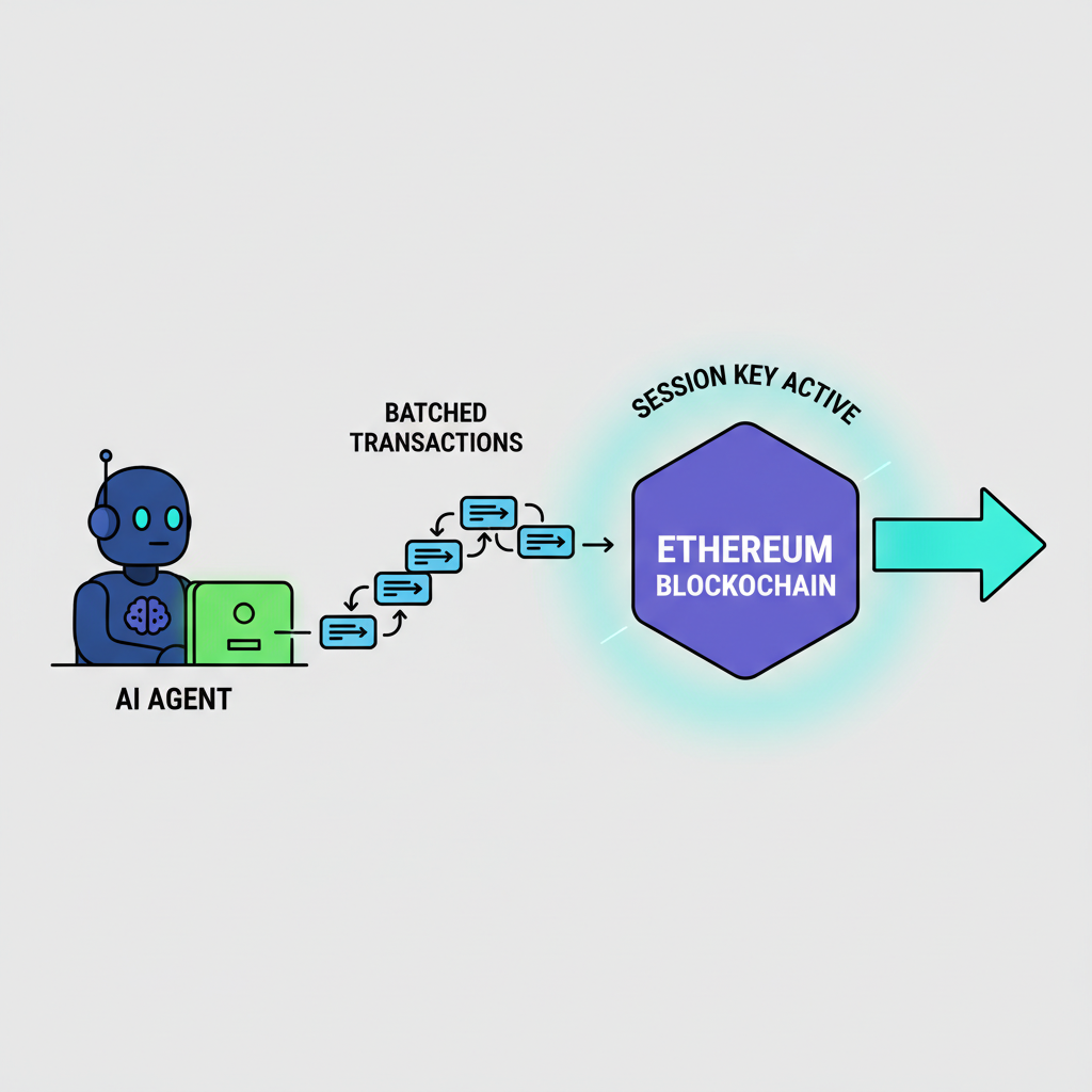 AI agent automating trades, batched transactions flowing into Ethereum blockchain, session key active glow --ar 16:9