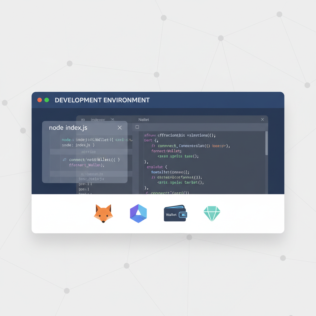 Developer terminal with Node.js setup, Ethereum wallet icons, clean code editor background --ar 16:9