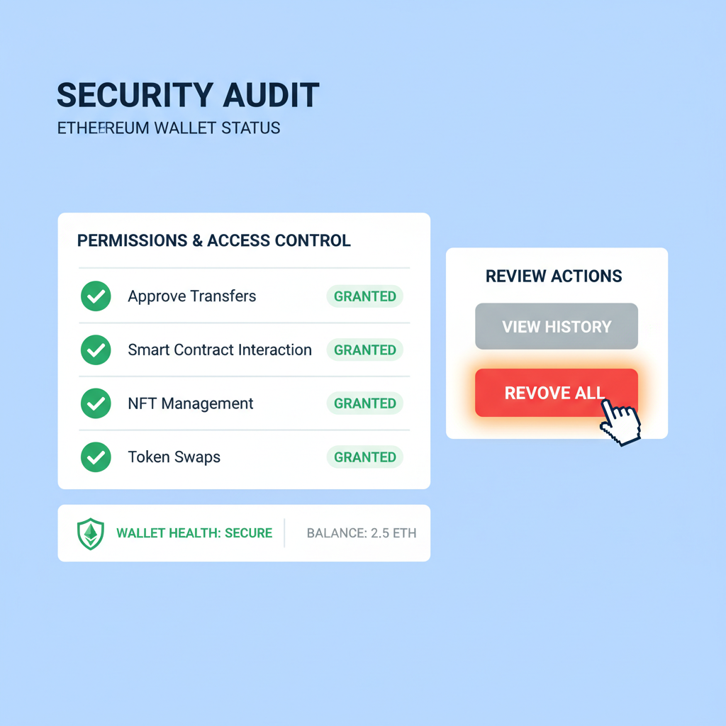 Security audit dashboard, green checkmarks on permissions, revoke button highlighted, Ethereum wallet safe --ar 16:9