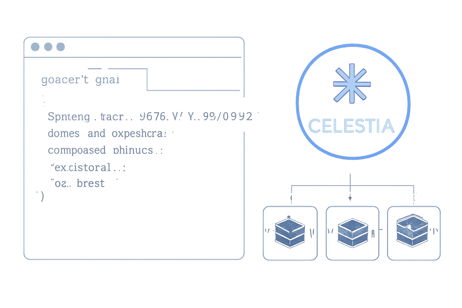 blockchain genesis configuration file open in code editor, Celestia logo glowing, modular rollup icons connecting, high-tech UI
