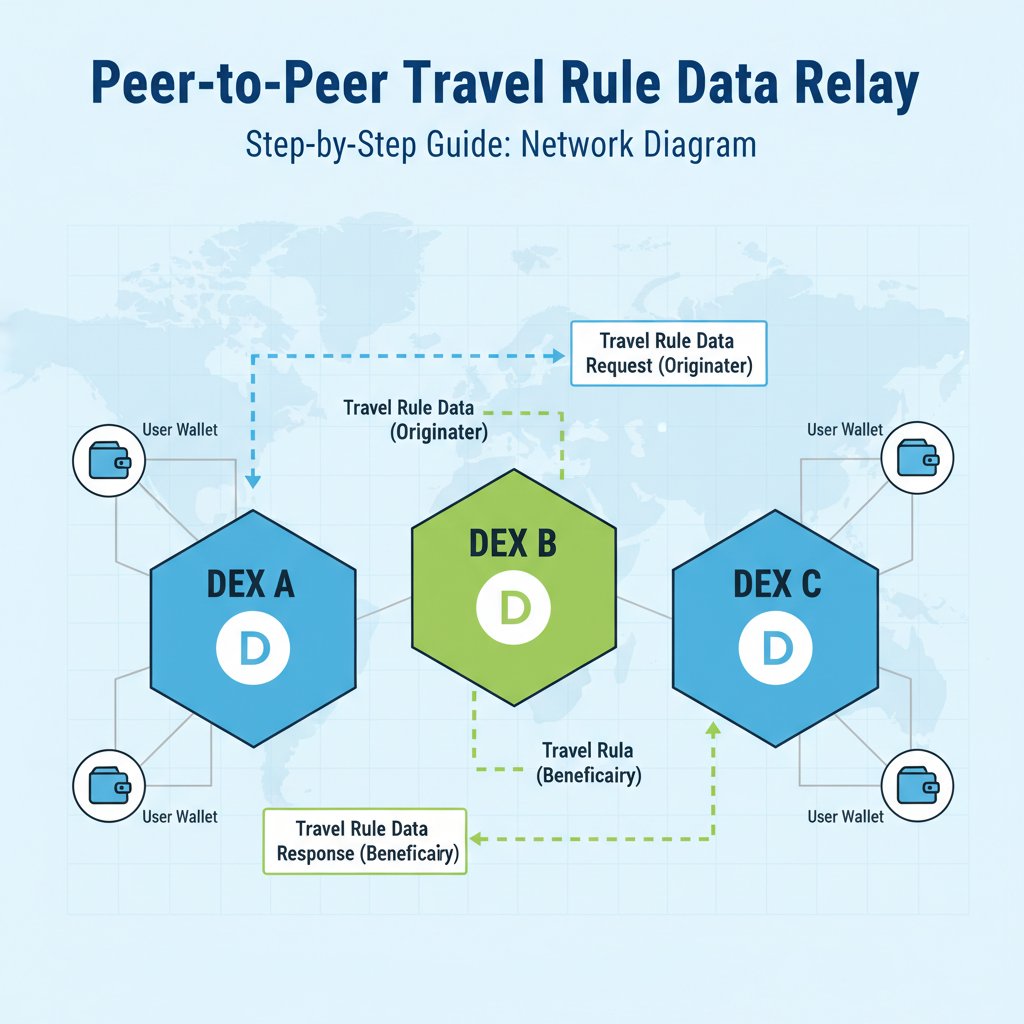 network diagram of peer-to-peer Travel Rule data relay between DEX nodes