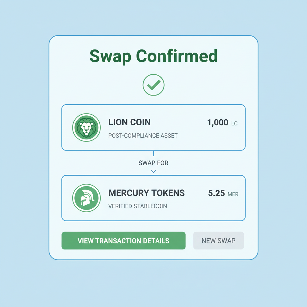 DEX interface showing successful post-compliance crypto swap confirmation