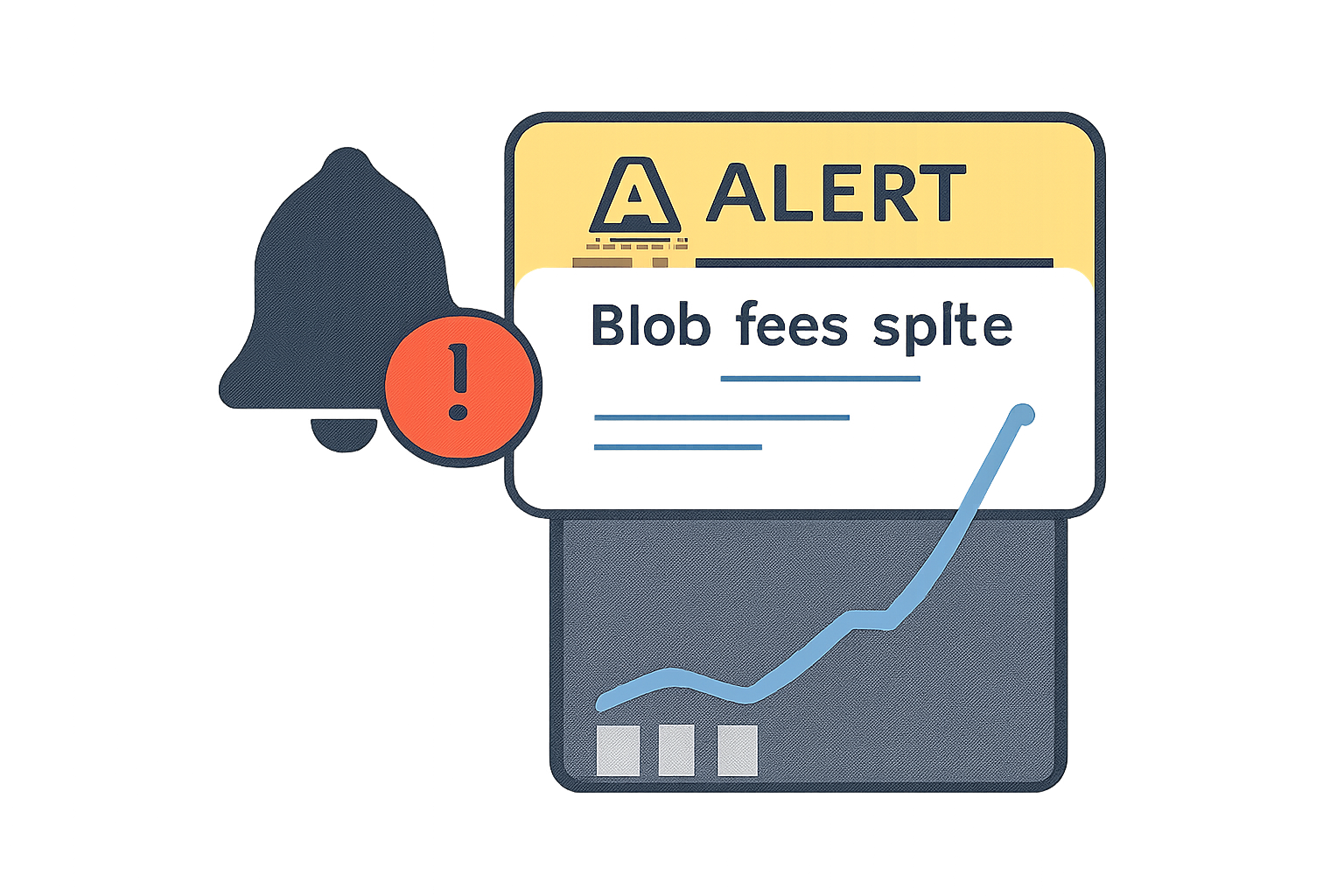 A notification bell icon next to a graph showing a spike in blob fees, with a highlighted alert pop-up.