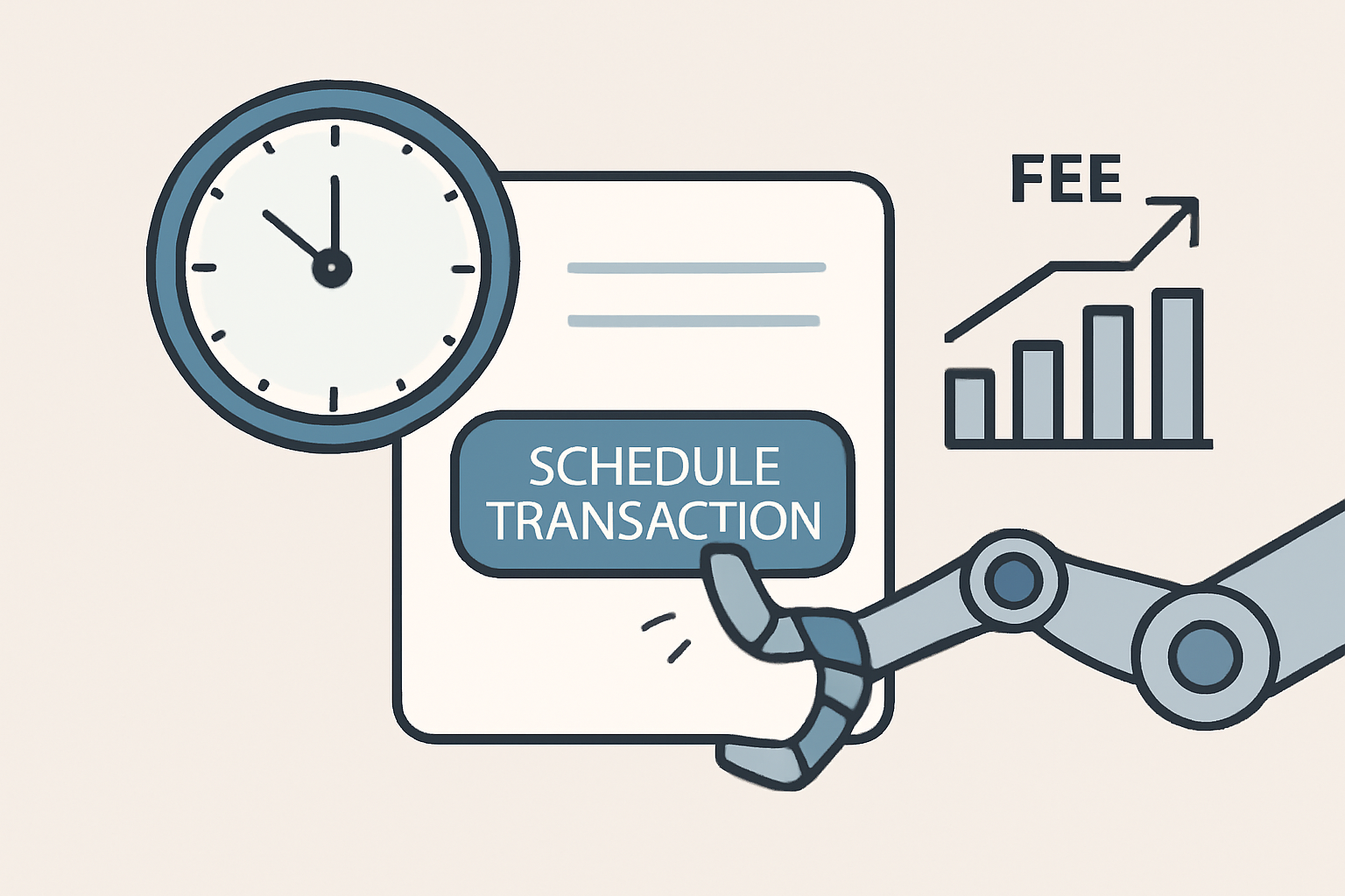A robotic arm clicking a 'schedule transaction' button on a digital interface, with a clock and fee chart in the background.