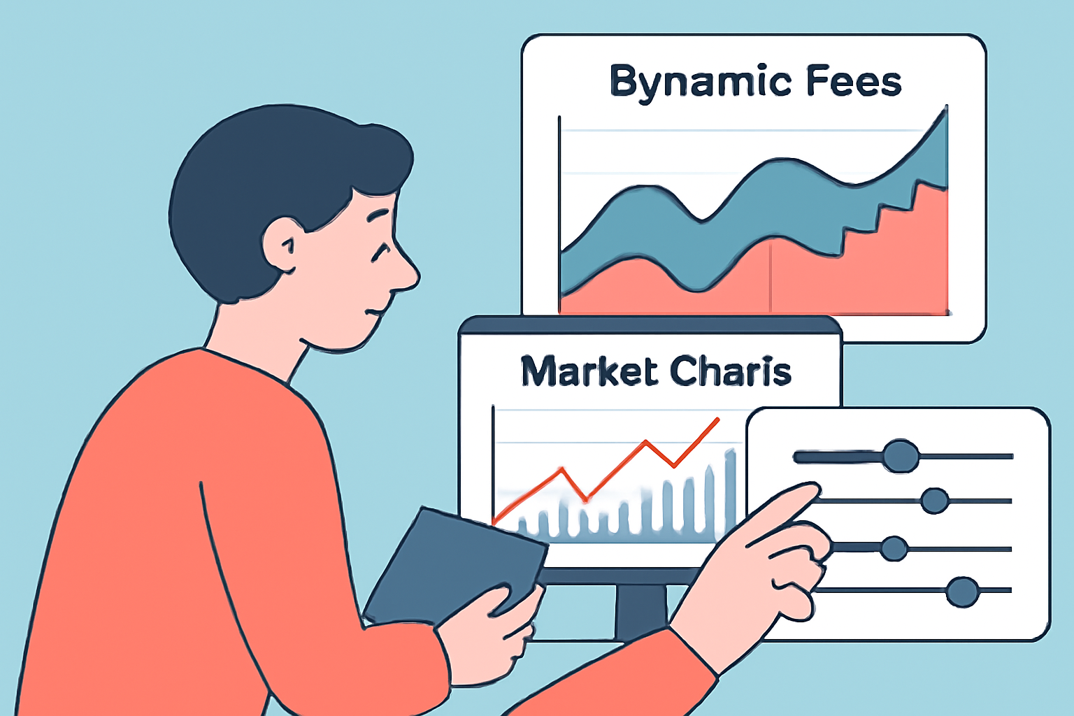 A person analyzing updated market charts and adjusting settings on a dashboard, with dynamic fee graphs in the background.