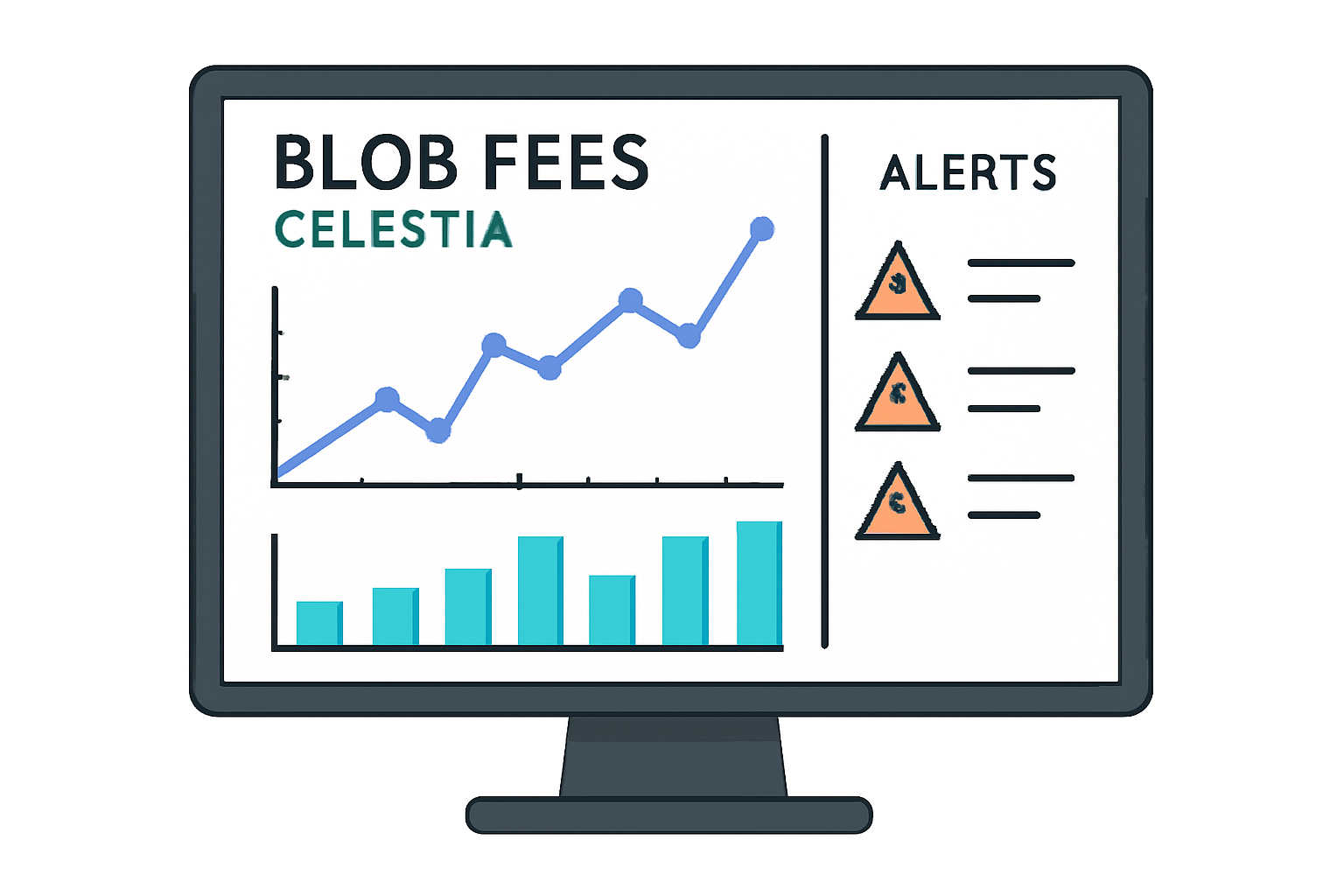A computer screen displaying a real-time blockchain analytics dashboard with charts and alerts for blob fees, focused on Celestia network.