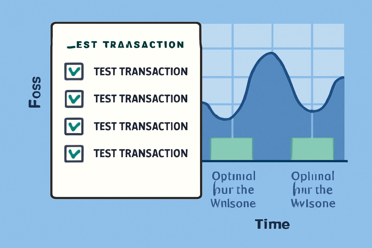 A checklist with test transactions marked complete, overlaying a fee trend chart showing optimal low-fee windows.