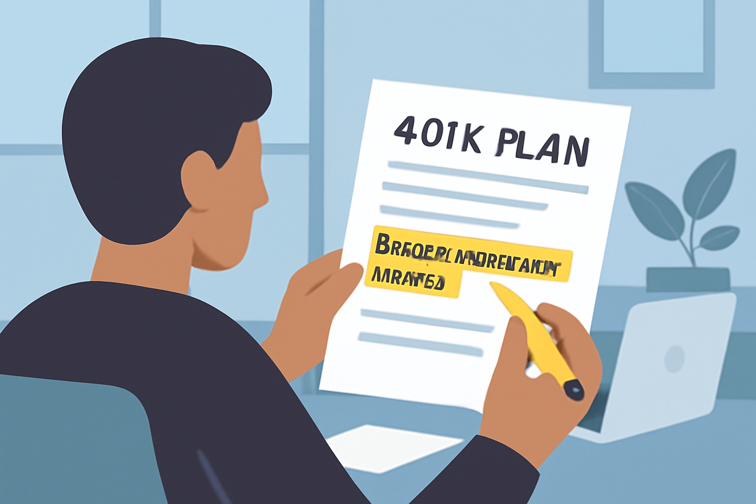 A person reviewing their 401K plan documents with a highlighted section mentioning Bitcoin investment options, in a modern office setting.