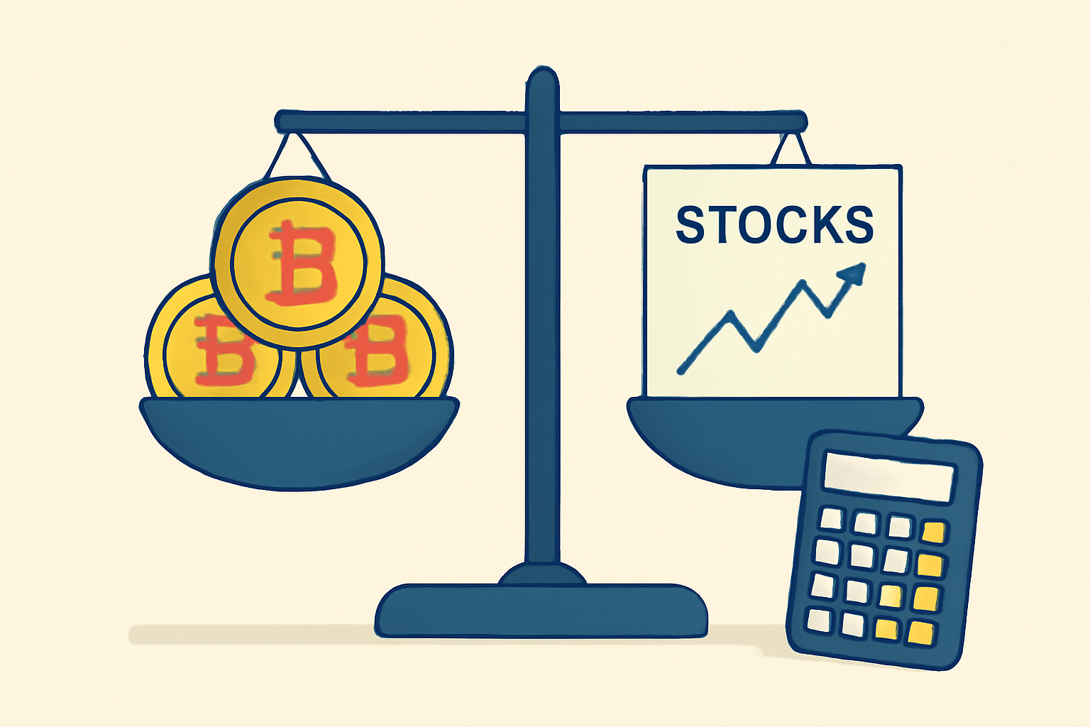 A balanced scale with Bitcoin coins on one side and traditional stocks on the other, with a calculator nearby.