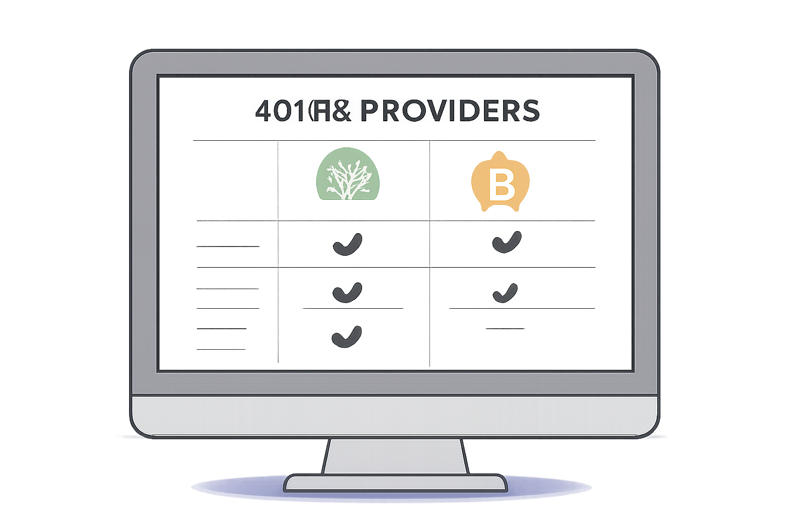 A computer screen displaying a comparison chart of 401K providers, with Fidelity and Bitcoin logos visible.