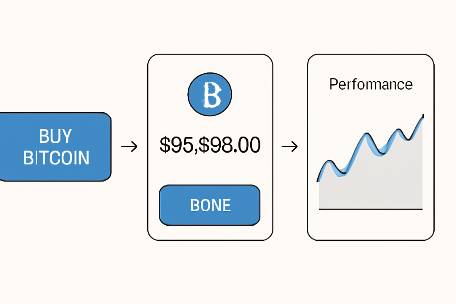 A user interface showing a 'Buy Bitcoin' button, a confirmation screen with $95,396.00, and a performance graph.
