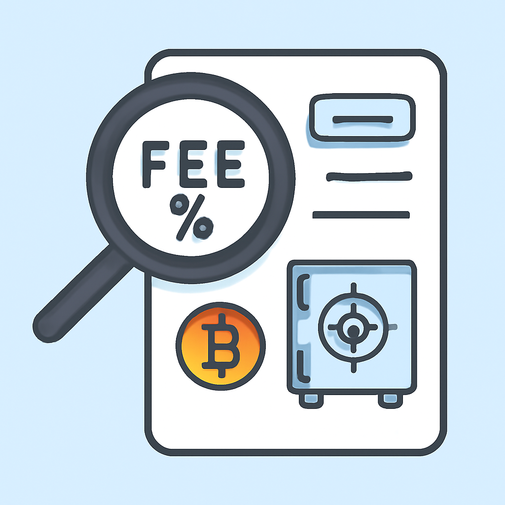 A magnifying glass over a document showing fee percentages, a Bitcoin symbol, and a secure vault illustration.