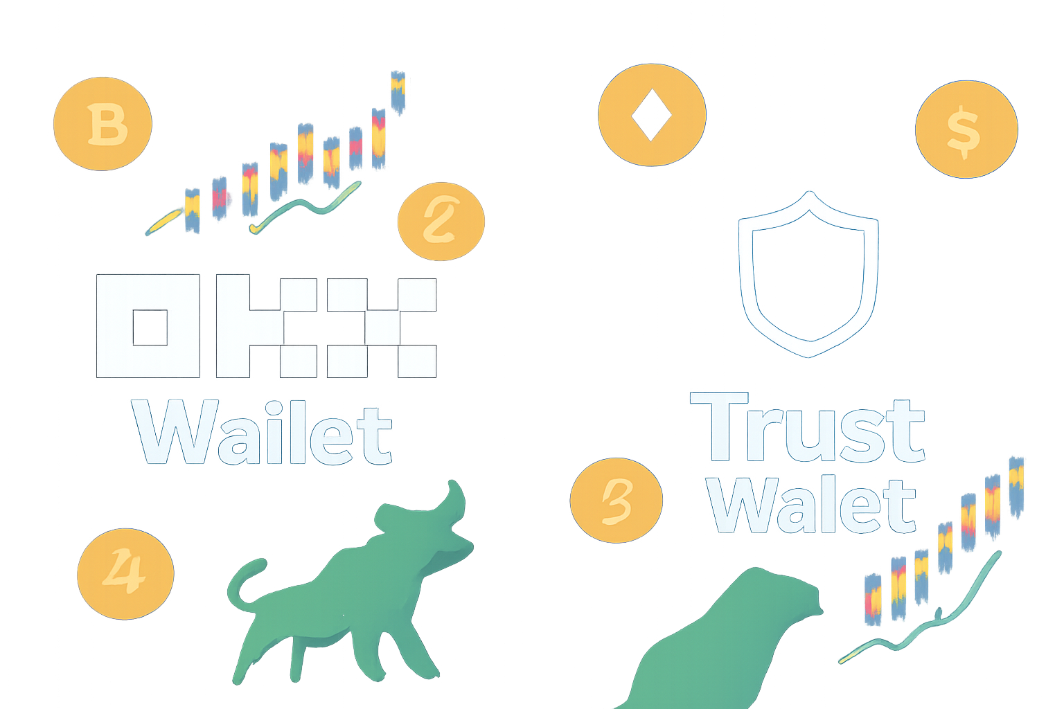 A split image showing the OKX Wallet logo on one side and the Trust Wallet logo on the other, with crypto icons and a bullish market chart in the background.