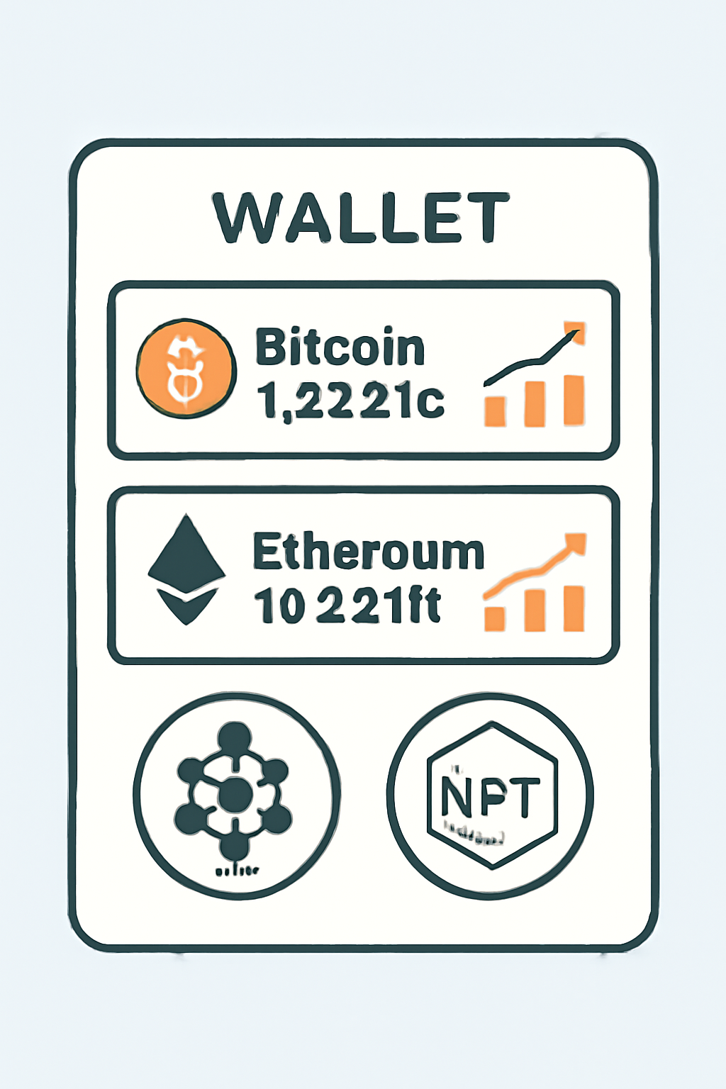 A wallet interface displaying Bitcoin and Ethereum balances, with upward trending charts and DeFi/NFT icons.