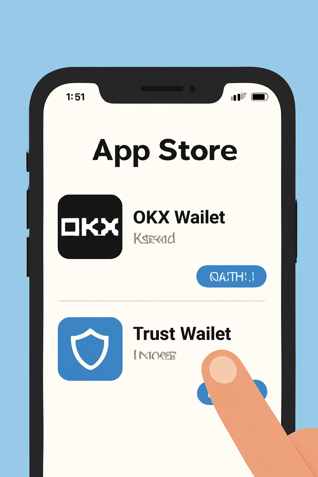 A smartphone screen displaying the app store with OKX Wallet and Trust Wallet ready to download, with a finger about to tap 'Install'.