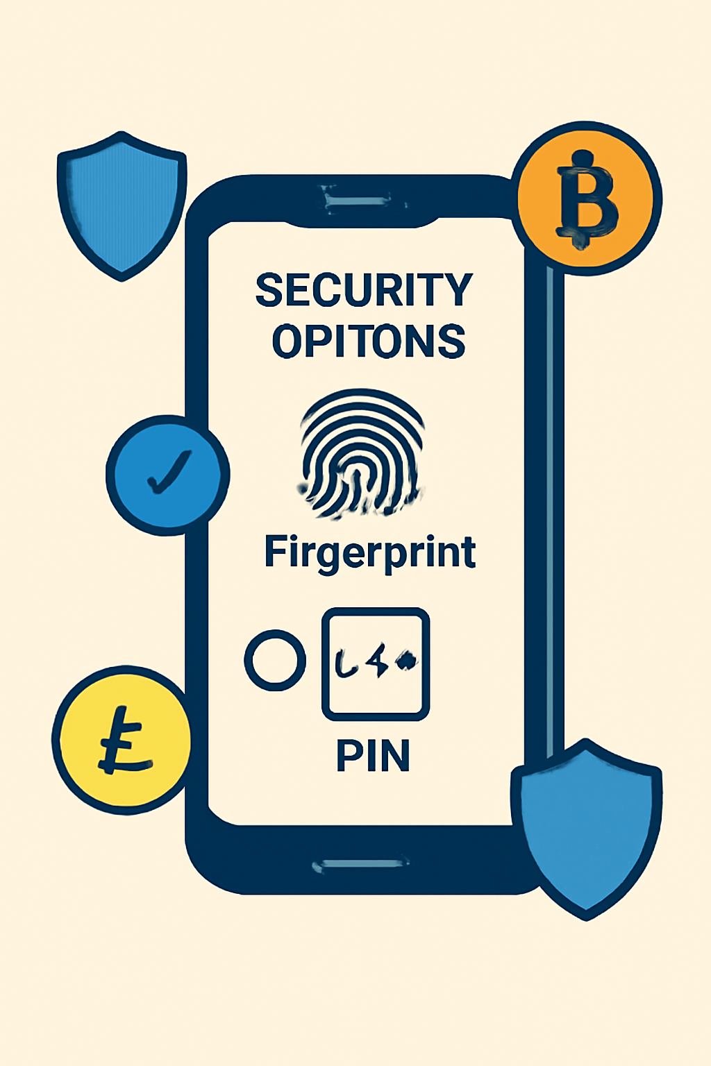 A phone screen showing fingerprint and PIN security options, surrounded by shield icons and crypto coins.