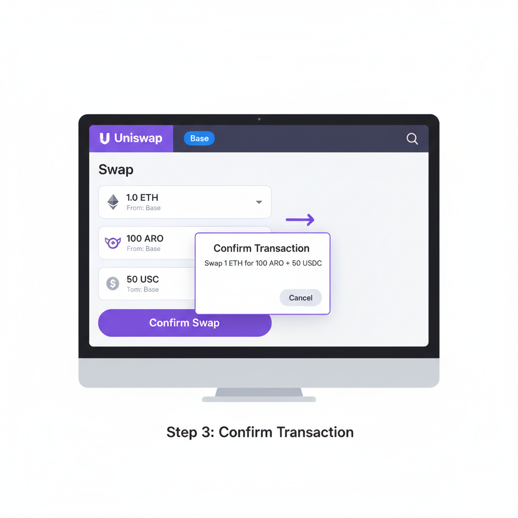 Uniswap on Base swapping ETH for AERO and USDC, transaction confirmation, simple DEX interface illustration