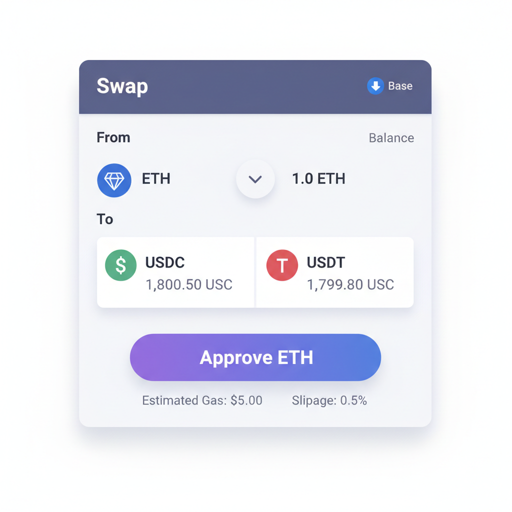 Uniswap Base swap screen ETH to USDC and USDT, simple UI