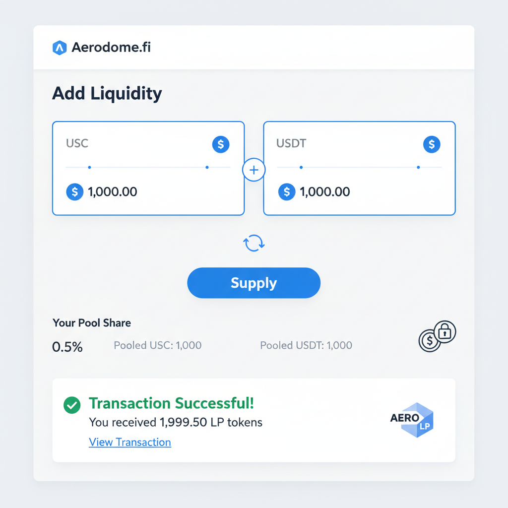 Aerodrome.fi liquidity pool addition USDC/USDT, LP token receipt, professional DEX dashboard screenshot style