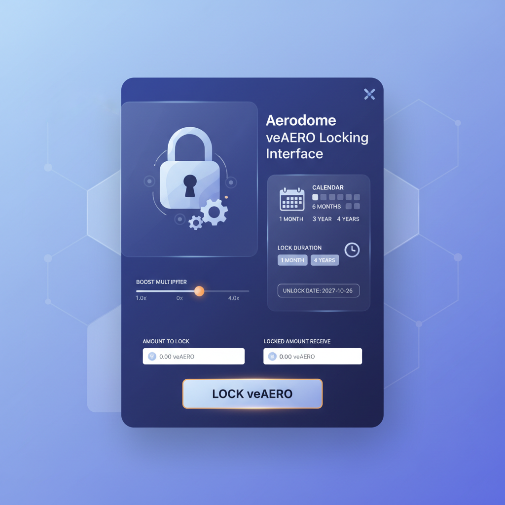 Aerodrome veAERO locking interface with boost multiplier, calendar lock duration, elegant crypto UI