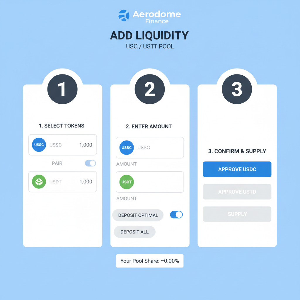 Aerodrome Finance liquidity provision UI for USDC USDT pool, add liquidity screen