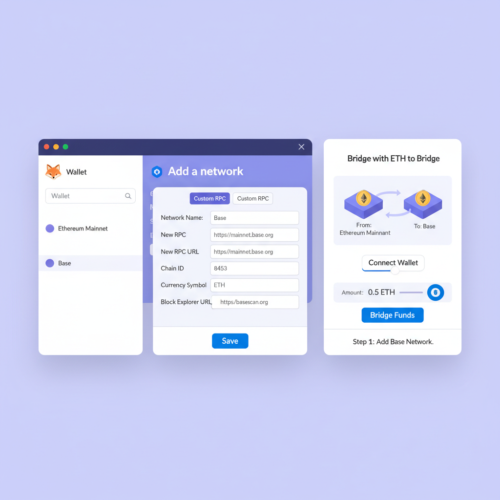 MetaMask wallet setup screen adding Base chain, funding with ETH bridge, clean crypto UI, illustrative tutorial style